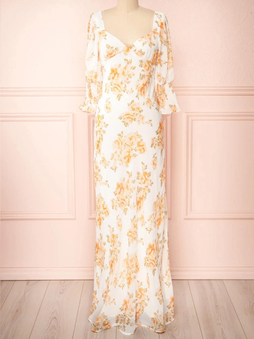Yellow Maxi Floral Puffed Sleeves Cutout Open Back Cottagecore
